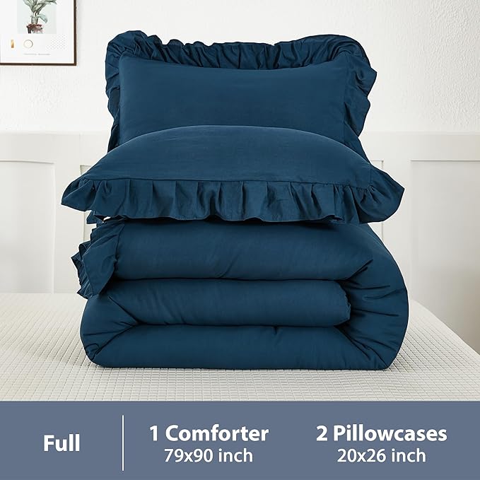 Andency Navy Blue Full Size Comforter Set(79x90Inch), 3 Pieces(1 Ruffle Comforter and 2 Pillowcases) Lightweight Fluffy Bedding Comforter Sets Full Bed, All Season Soft Microfiber Bedding Set - LeafyLoom