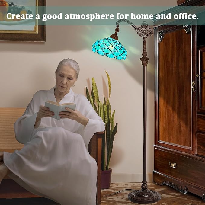 Capulina Tiffany Floor Lamp 62 Inches Tall Seagrass Blue Beads Style Stained Glass Soft Light Arched Gooseneck Adjustable Angle Reading Lamp for Living Room Bedroom Home Office - LeafyLoom
