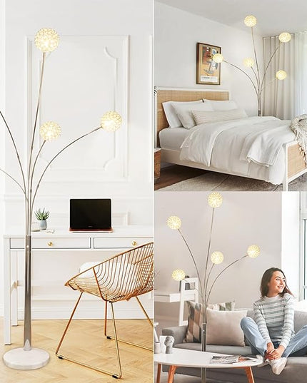 Depuley 5-Light Modern LED Floor Lamp, Adjustable Metal Tall Standing Lamps with Marble Base, Dimmable Arc Floor Lamp with Flexible Rotating Lights for Living Room, Bedroom(Silver, G9 Bulbs Included) - LeafyLoom