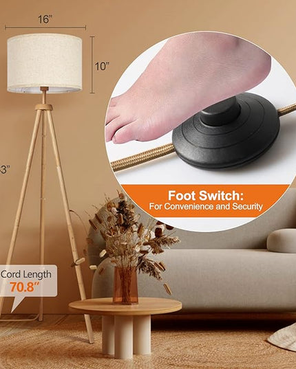 OUTON Tripod Floor Lamp, Floor Lamp with Remote Control, 4 Color Temperature, Modern Dimmable Tall Standing Lamp with Beige Linen Texture Shade for Living Room, Bedroom, Office (Nature Wood) - LeafyLoom