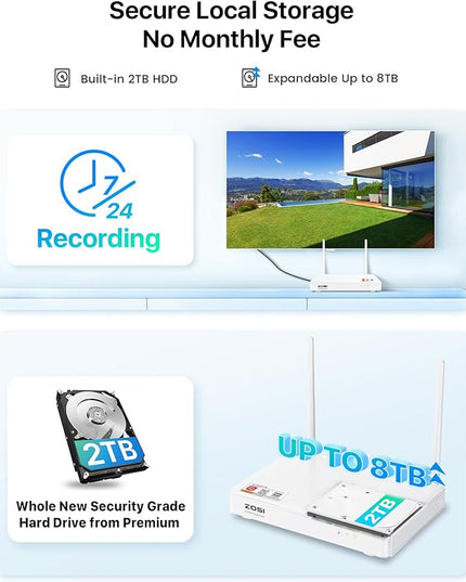 ZOSI 2.5K WiFi Security Camera Wireless Outdoor System,2TB HDD,8 Channel NVR for 24/7 Recording,4 x 4MP Cameras for Home with Color Night Vision,Person Vehicle Detection,2-Way Talk,Siren Alarm,Plug-in ZOSI