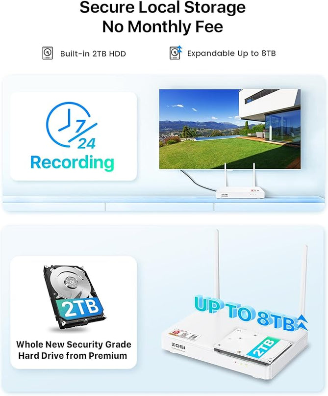 ZOSI 2.5K WiFi Security Camera Wireless Outdoor System,2TB HDD,8 Channel NVR for 24/7 Recording,4 x 4MP Cameras for Home with Color Night Vision,Person Vehicle Detection,2-Way Talk,Siren Alarm,Plug-in ZOSI
