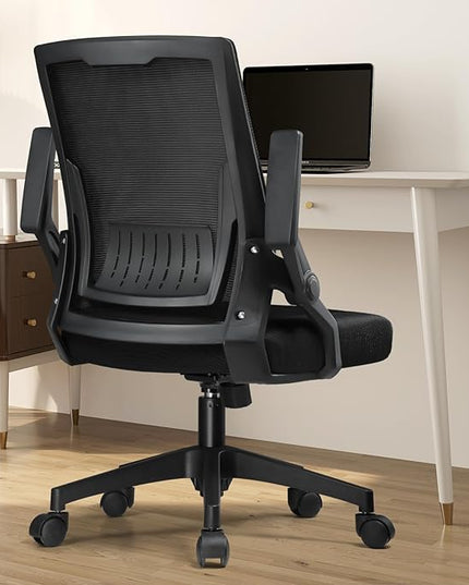 COMHOMA Office Chair with Flip-up Armrests Ergonomic Computer Desk Chair Foldable Mesh Task Chair with Wheels Adaptive Lumbar Support Swivel Tilt Comfortable Study Chair for Student, Black - LeafyLoom