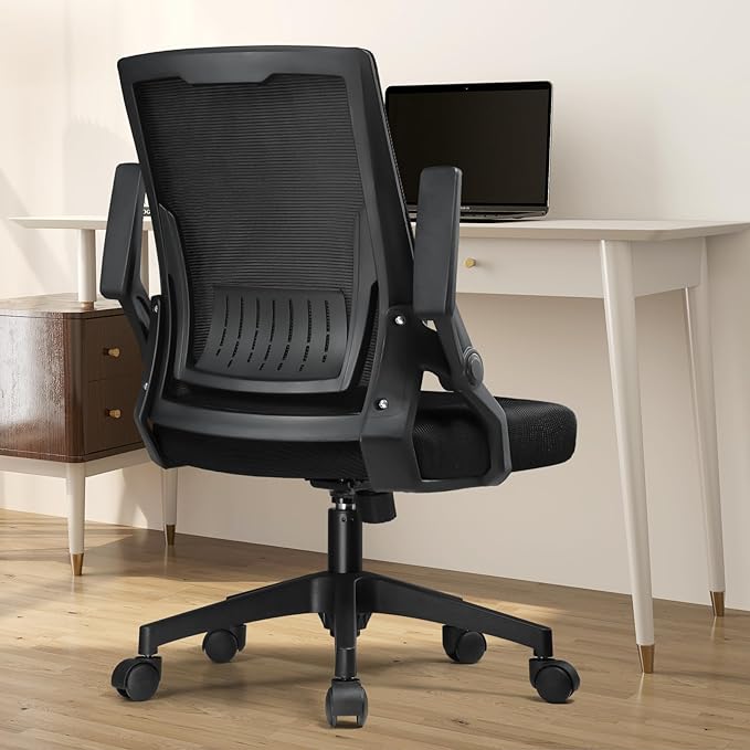 COMHOMA Office Chair with Flip-up Armrests Ergonomic Computer Desk Chair Foldable Mesh Task Chair with Wheels Adaptive Lumbar Support Swivel Tilt Comfortable Study Chair for Student, Black - LeafyLoom