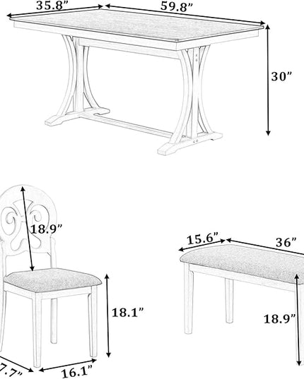 6-Piece Mid-Century Dining Set for 6, Trestle Table and 4 Elegant Victorian Round Back Chairs & Bench, for Kitchen Living Room, Gray+Antique White, 59.8" L x 35.8" W x 30" H - LeafyLoom