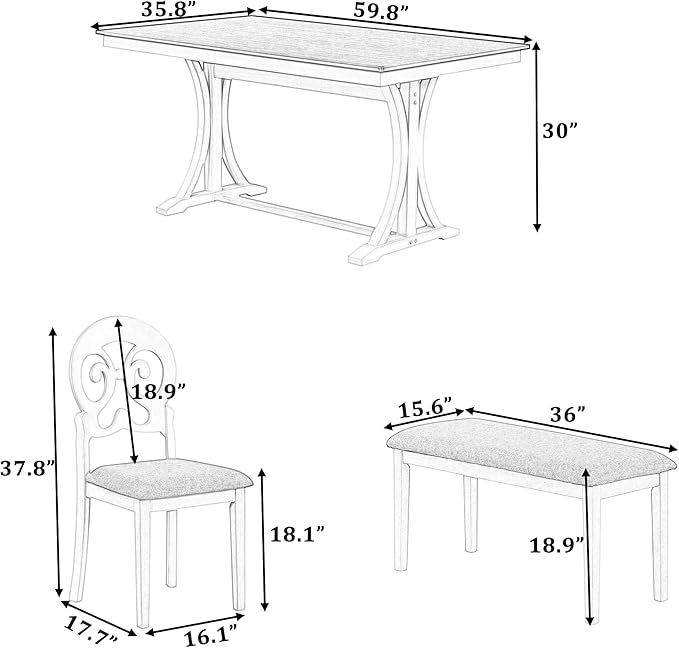 6-Piece Mid-Century Dining Set for 6, Trestle Table and 4 Elegant Victorian Round Back Chairs & Bench, for Kitchen Living Room, Gray+Antique White, 59.8" L x 35.8" W x 30" H - LeafyLoom