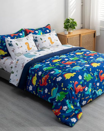 Wajade 7 Piece Kid Boys Dinosaur Comforter Set Twin Size 3D Blue Dinosaur Wild Park Jungle Print Bedding Set with Comforter, Sheet Set, Pillowcase and Sham - LeafyLoom