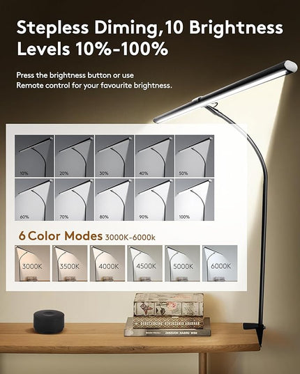 LED Desk Lamp with Remote, Auto Dimming 6 Color Modes Architect Clamp Desk Light for Home Office, 24W Ultra Bright Adjustable Gooseneck Table Lamp for Workbench, Monitor Reading - LeafyLoom