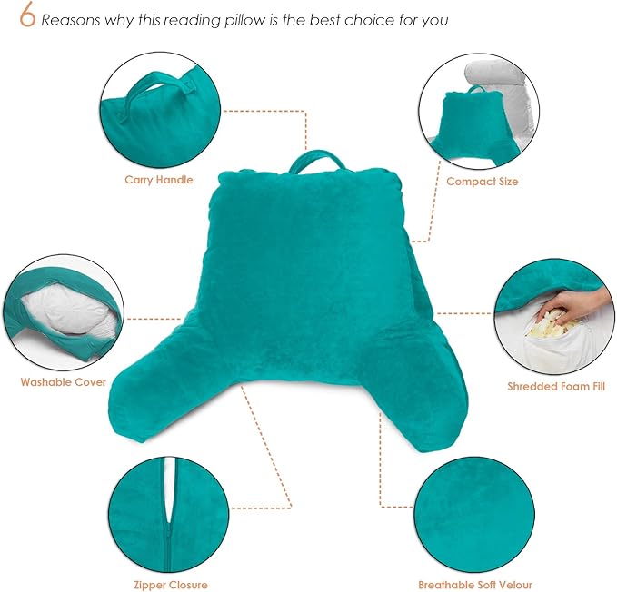 Clara Clark Reading Pillow for Kids, Small Back Pillow for Sitting Up in Bed, Memory Foam Back Support Pillow, Reading Pillows for Sitting in Bed Teal Gaming Pillow for Bed Chair with Arms and Pockets - LeafyLoom