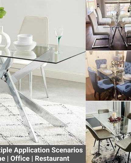 Edwin's Choice 58.5” Rectangle Glass Dining Table, Tempered Glass Tabletop and Metal Tubular Legs, Modern Style Table for Home, Kitchen, Dining Room 58.5”Lx29”Wx30”H, Silver - LeafyLoom