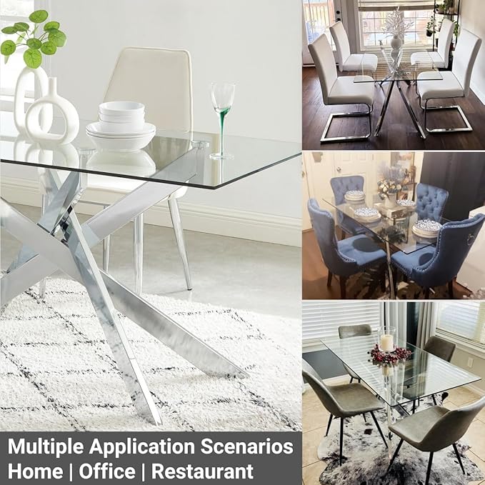 Edwin's Choice 58.5” Rectangle Glass Dining Table, Tempered Glass Tabletop and Metal Tubular Legs, Modern Style Table for Home, Kitchen, Dining Room 58.5”Lx29”Wx30”H, Silver - LeafyLoom