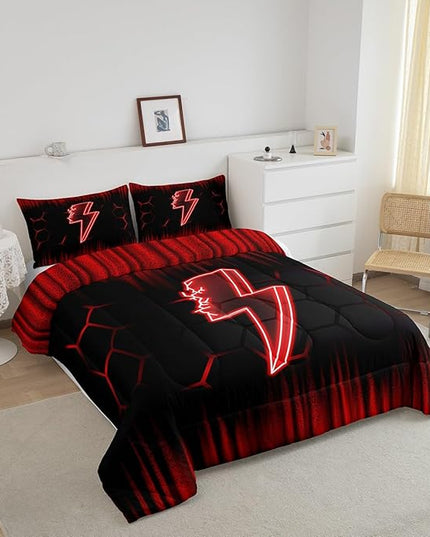 Feelyou Game Flash Bedding Set Queen Size Boys Girls Ombre Comforter Set for Kids Honeycomb Comforter Red Black Duvet Set Room Decor Quilt Set - LeafyLoom