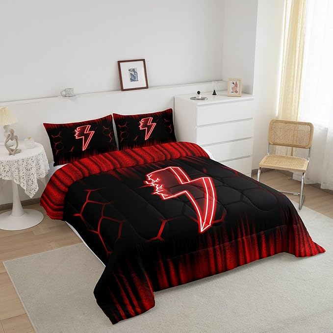 Feelyou Game Flash Bedding Set Queen Size Boys Girls Ombre Comforter Set for Kids Honeycomb Comforter Red Black Duvet Set Room Decor Quilt Set - LeafyLoom