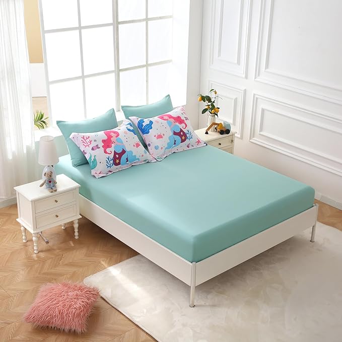 Wajade Kids Mermaids Comforter Set Bed in A Bag Twin Size 7 Piece Colorful 3D Cartoon Mermaids Bedding Set for Girls (1 Comforter, 1 Flat Sheet, 1 Fitted Sheet, 2 Pillowcase and 2 Pillow Sham) - LeafyLoom