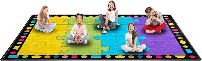 Booooom Jackson Small Classroom Rug Colorful Puzzle Classroom Carpet 6'5"x8'5"Area Rug with Non-Slip Backing School Classroom Seating Carpet Elementary(PzYE-2620) - LeafyLoom
