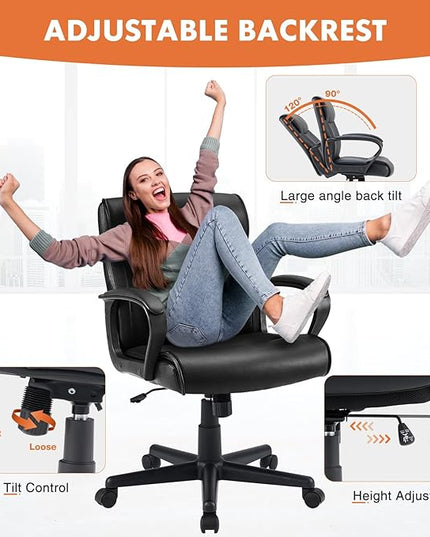 Sweetcrispy Executive Office Chair with Padded Armrests Mid Back Lumbar Support and Adjustable Height & Tilt Angle, PU Leather Swivel Rolling, Modern Black - LeafyLoom