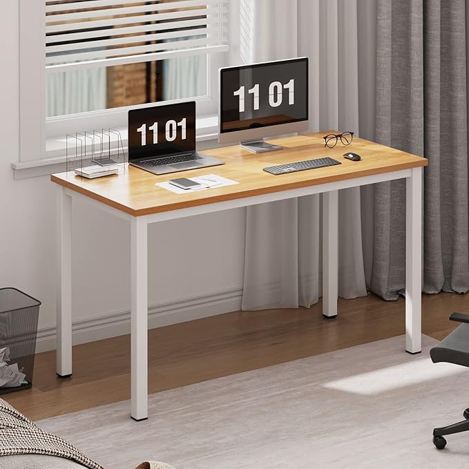 Need Computer Desk, 47 inch Home Office Desk, Modern Simple Style Home Office Gaming Desk, Basic Writing Table for Study Student, White Metal Frame, Teak - LeafyLoom