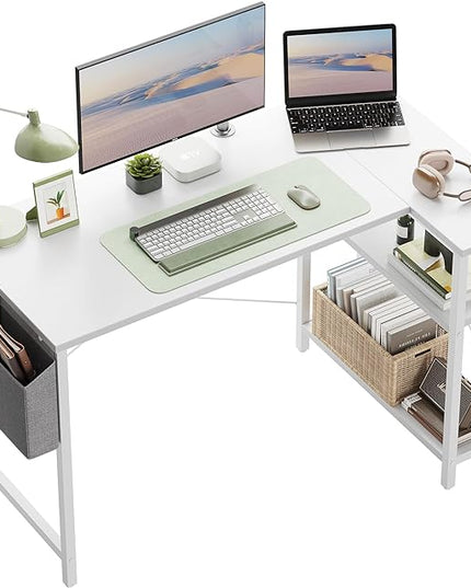 CubiCubi L Shaped Desk, 40" Computer Desk with Reversible Storage Shelves Home Office Corner Desk Study Writing Gaming Table, White - LeafyLoom