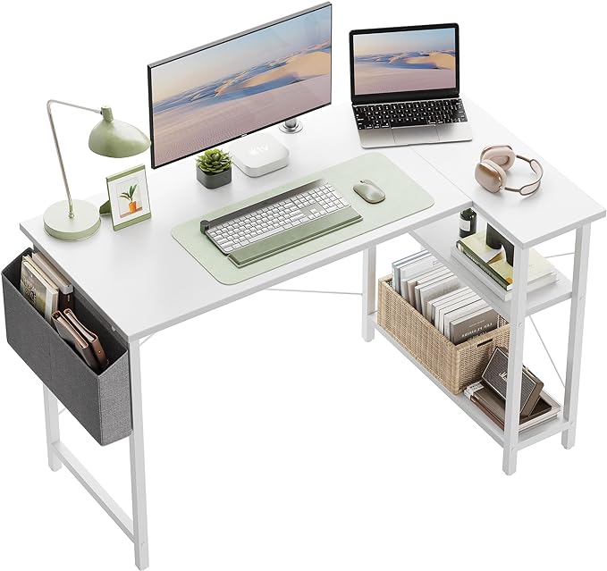 CubiCubi L Shaped Desk, 40" Computer Desk with Reversible Storage Shelves Home Office Corner Desk Study Writing Gaming Table, White - LeafyLoom