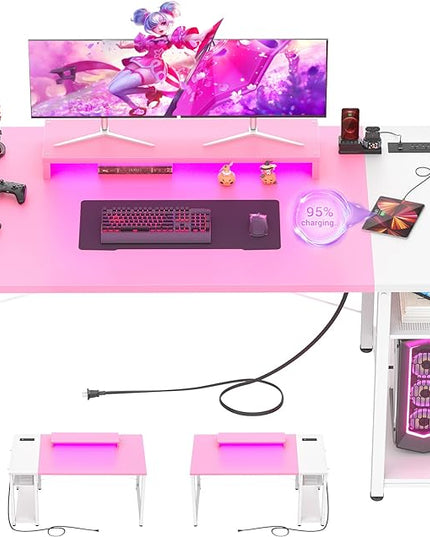 armocity 47 Gaming Computer Desk with LED Lights, Power Outlet and USB, Reversible Laptop Table with Moveable Monitor Stand for Small Spaces, Office, Gaming Room, Pink and White - LeafyLoom