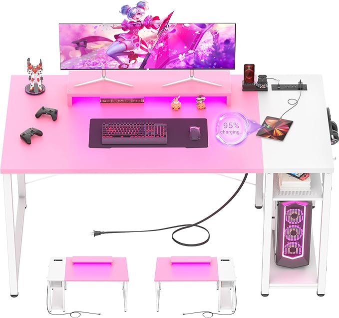 armocity 47 Gaming Computer Desk with LED Lights, Power Outlet and USB, Reversible Laptop Table with Moveable Monitor Stand for Small Spaces, Office, Gaming Room, Pink and White - LeafyLoom