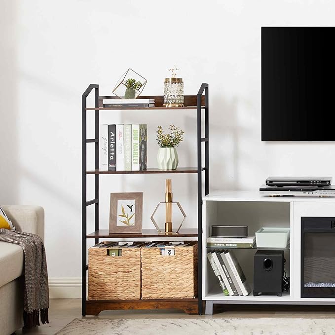 Vagusicc 4 Tier Bookshelf with 2 Storage Baskets, Tall Bookcase Shelf Storage Organizer Wood Book Shelf, Modern Shelf Rack Shelves with Steel Frame, Multipurpose Bookshelf for Bedroom Living Room - LeafyLoom
