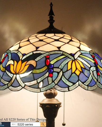 WERFACTORY Tiffany Floor Lamp Blue Lotus Stained Glass Flower Standing Reading Light 16X16X64 Inches Antique Pole Corner Lamp Decor Bedroom Living Room Home Office S220 Series - LeafyLoom