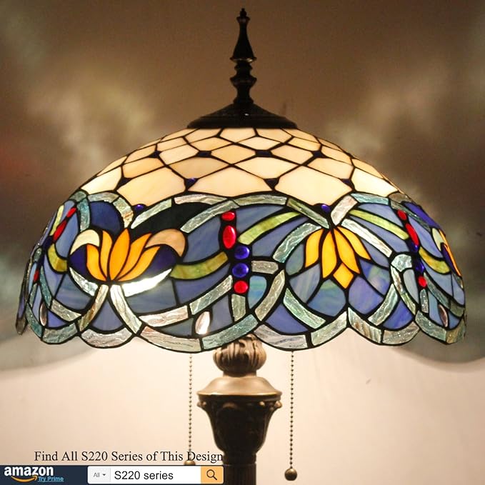 WERFACTORY Tiffany Floor Lamp Blue Lotus Stained Glass Flower Standing Reading Light 16X16X64 Inches Antique Pole Corner Lamp Decor Bedroom Living Room Home Office S220 Series - LeafyLoom