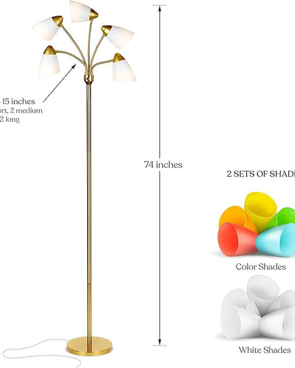 Brightech Medusa LED Floor Lamp – Multi-Head Dimmable Floor Lamp for Living Rooms & Offices – Tall Lamp with Interchangeable Shades, Adjustable Standing Lamp for Bedroom Reading – Brass/Gold - LeafyLoom