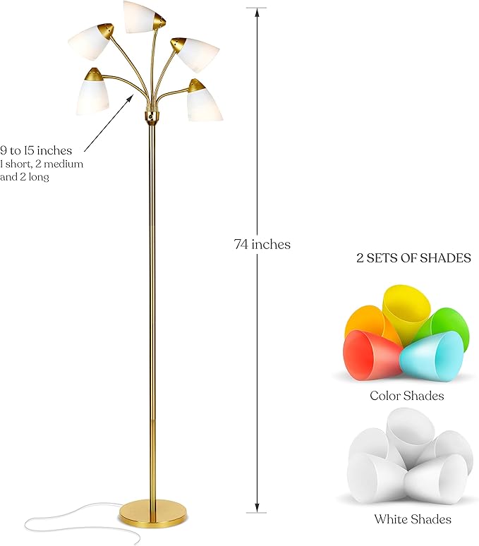 Brightech Medusa LED Floor Lamp – Multi-Head Dimmable Floor Lamp for Living Rooms & Offices – Tall Lamp with Interchangeable Shades, Adjustable Standing Lamp for Bedroom Reading – Brass/Gold - LeafyLoom
