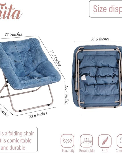 Tiita Comfy Saucer Chair, Soft Faux Fur Oversized Folding Accent Chair, Lounge Lazy Chair for Kids Teens Adults, Metal Frame Moon Chair for Bedroom, Living Room, Dorm Rooms, X-Large, Blue - LeafyLoom