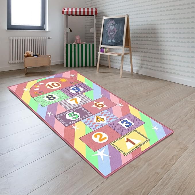 Booooom Jackson Hop and Count Hopscotch Kid Rug,40''x70'' kids Carpet Rugs for3, 4, 5, 6, and 7 Year Olds,Rainbow Rug for Girls Bedroom and kids playroom, Floor Mat Suitable for indoor and outdoor - LeafyLoom