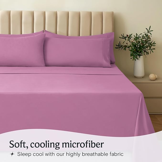 LuxClub 7 PC Split King Sheet Set, Breathable Luxury Bed Sheets, Deep Pockets 18" Eco Friendly Wrinkle Free Cooling Sheets Machine Washable Hotel Bedding Silky Soft - Light Plum Split King - LeafyLoom