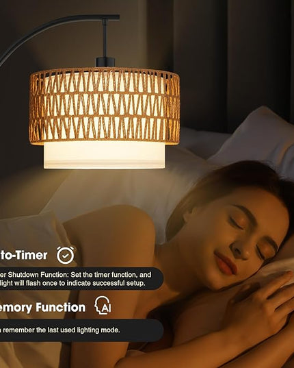 Arc Floor Lamp with 10 Color Temperatures, 10 Brightness, Remote & App Control, Boho Tall Standing Lamps with Smart Bulb, Rattan & Fabric Double Drum Shade for Living Room, Bedroom, Home Office - LeafyLoom