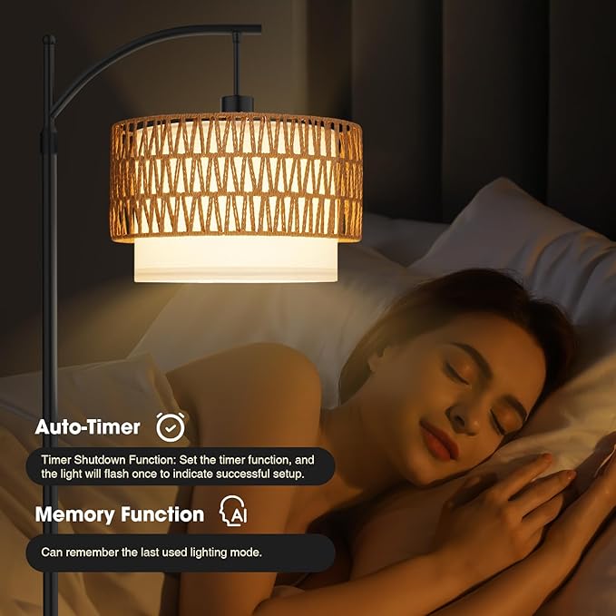 Arc Floor Lamp with 10 Color Temperatures, 10 Brightness, Remote & App Control, Boho Tall Standing Lamps with Smart Bulb, Rattan & Fabric Double Drum Shade for Living Room, Bedroom, Home Office - LeafyLoom