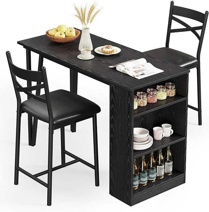 GAOMON Dining Table Set for 2, Kitchen Bar Table and Chairs for 2, 3-Piece Kitchen Table Set with 2 Upholstered Chairs, Expandable Counter Height Bar Table Set with 3 Storage Shelves, Black - LeafyLoom