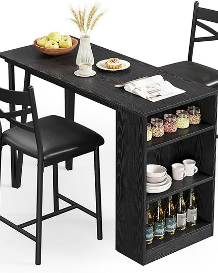 IDEALHOUSE Dining Table Set for 2, Expandable Kitchen Bar Table and Chairs for 2, 3 Piece Counter Height Top Dining Table Set with Upholstered Chairs Storage for Small Space, Black (Black) - LeafyLoom