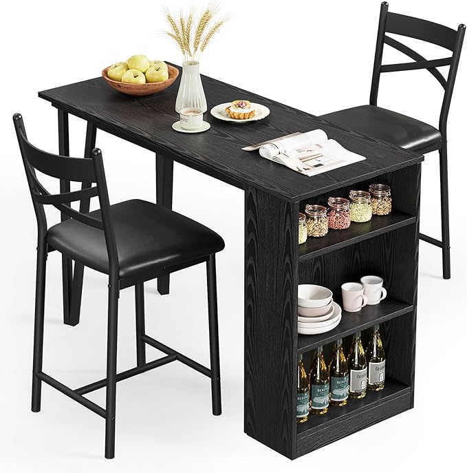 GAOMON Dining Table Set for 2, Kitchen Bar Table and Chairs for 2, 3-Piece Kitchen Table Set with 2 Upholstered Chairs, Expandable Counter Height Bar Table Set with 3 Storage Shelves, Black - LeafyLoom