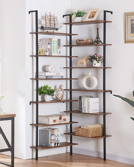 HOMISSUE Corner Bookshelf,12-Tier L Shaped Bookshelf, Double Wide Corner Wall Mount Bookcase with Metal Frame and Wood, Modern Industrial Corner Shelf for Living Room, Kitchen, Home Office Brown - LeafyLoom