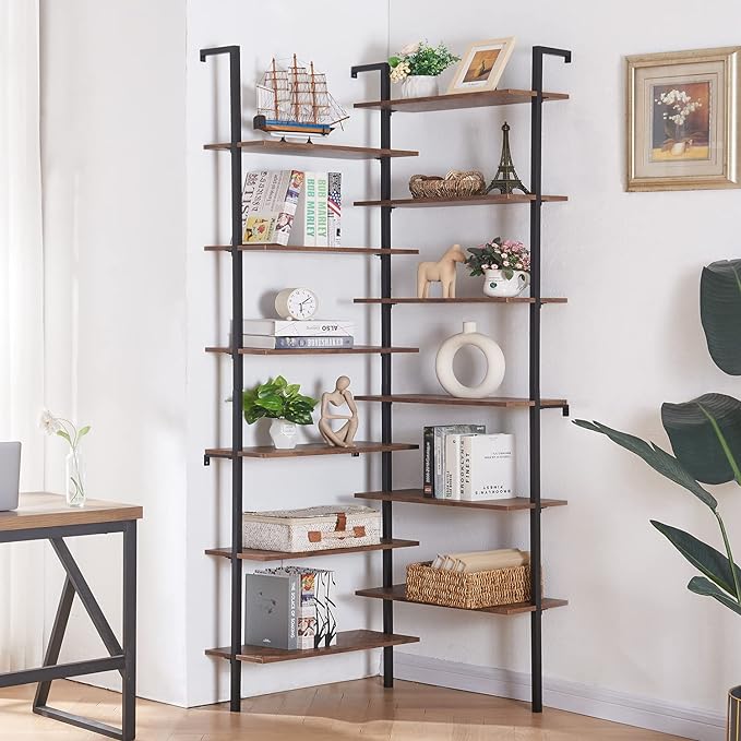 HOMISSUE Corner Bookshelf,12-Tier L Shaped Bookshelf, Double Wide Corner Wall Mount Bookcase with Metal Frame and Wood, Modern Industrial Corner Shelf for Living Room, Kitchen, Home Office Brown - LeafyLoom