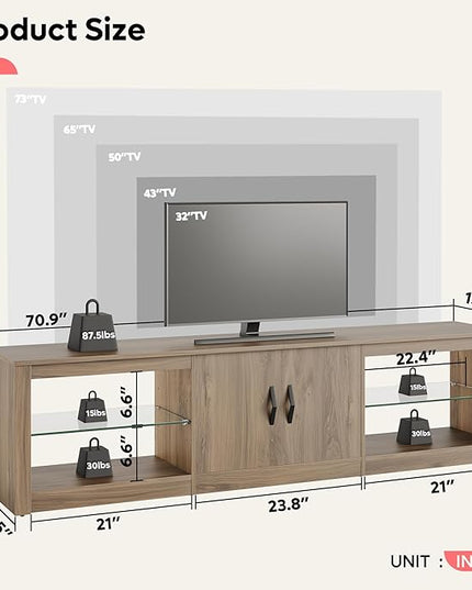 Bestier 70 inch Gaming Entertainment Center with Adjustable Glass Shelves for 75 inch TV, Large Led TV Stand with Two Cabinets, Modern Television Stand for Living Room, Bedroom, Pinewood - LeafyLoom