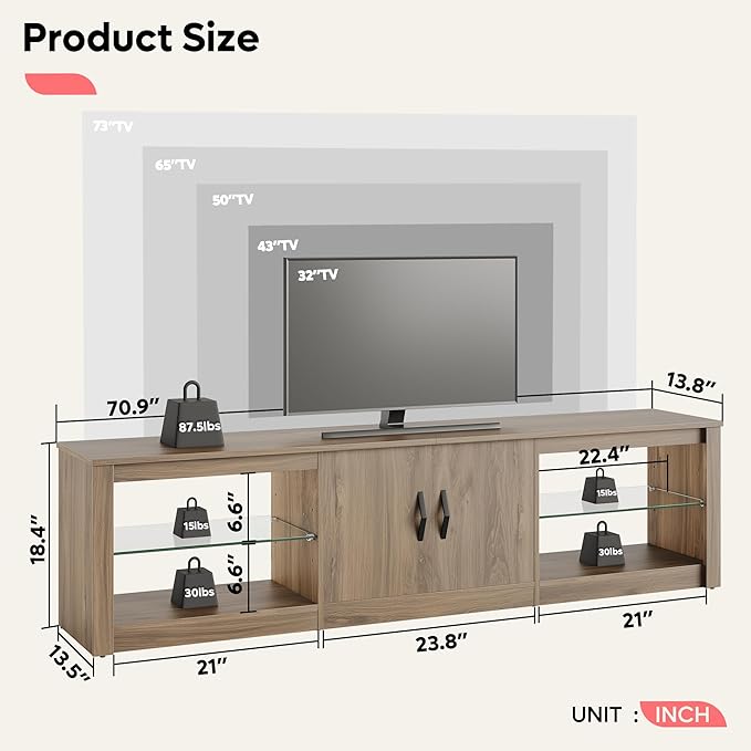 Bestier 70 inch Gaming Entertainment Center with Adjustable Glass Shelves for 75 inch TV, Large Led TV Stand with Two Cabinets, Modern Television Stand for Living Room, Bedroom, Pinewood - LeafyLoom