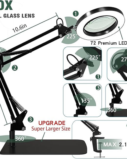 Magnifying Glass with Light and Stand, 10X Magnifying Lamp, 2-in-1 Magnifying Desk Lamp with Clamp, 3 Color Mode, Magnifying Glasses with Light for Close Work (Large Base ＆Clamp) - LeafyLoom