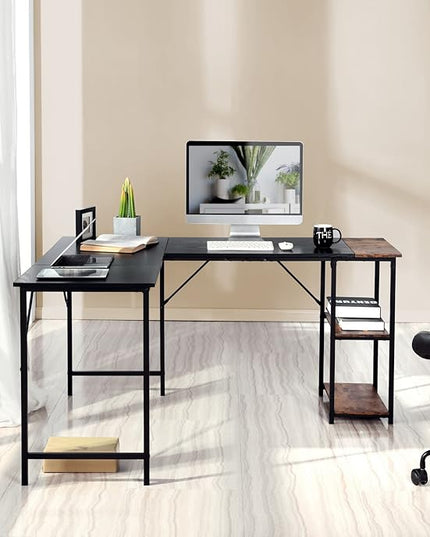FurnitureR L-Shaped 58.3'' Corner Computer Desk with Storage Shelf Long Gaming Desk for Home Office PC Workstation Saving Space Laptop Table, Black and Brown - LeafyLoom