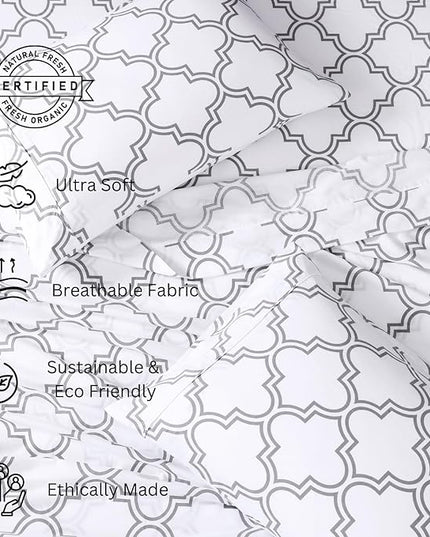 LANE LINEN 100% Organic Cotton Sheets Queen, 4-Piece Bed Sheets Queen Size Cotton, Luxury Sheets, Percale Weave,Breathable Bed Sheets Queen Size Deep Pockets Fits Upto 15" - Trellis Silver - LeafyLoom