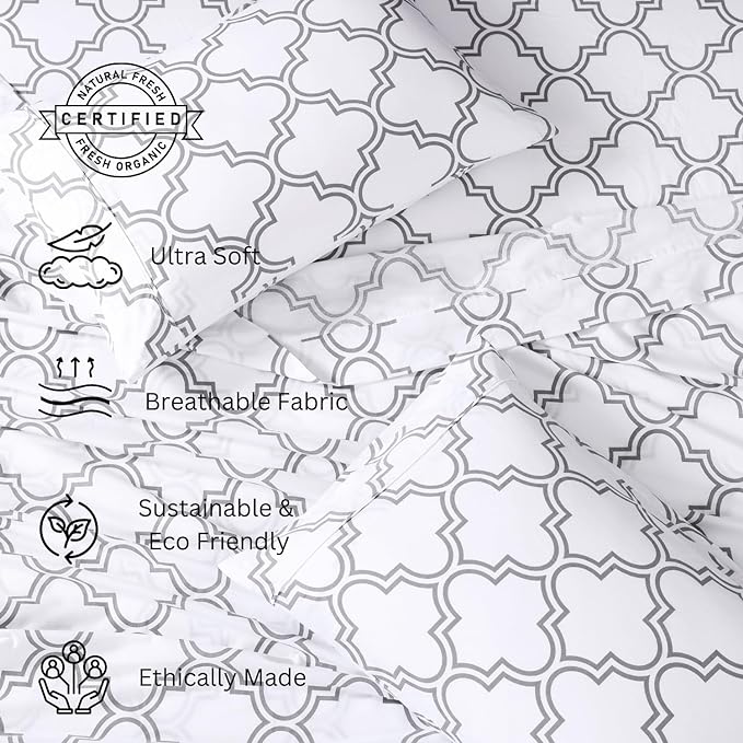 LANE LINEN 100% Organic Cotton Sheets Queen, 4-Piece Bed Sheets Queen Size Cotton, Luxury Sheets, Percale Weave,Breathable Bed Sheets Queen Size Deep Pockets Fits Upto 15" - Trellis Silver - LeafyLoom