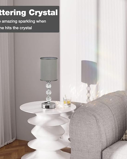Grey Touch Bedside Lamps for Bedrooms - Crystal Table Lamp with USB C+A Charging Port and AC Outlet Nightstand, 3 Way Dimmable Silver Small End Side Table Lamp for Living/Guest/Dinning Room/Kitchen - LeafyLoom