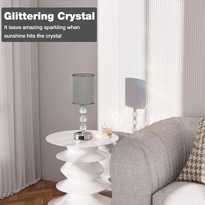 Grey Touch Bedside Lamps for Bedrooms - Crystal Table Lamp with USB C+A Charging Port and AC Outlet Nightstand, 3 Way Dimmable Silver Small End Side Table Lamp for Living/Guest/Dinning Room/Kitchen - LeafyLoom