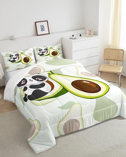 Erosebridal Panda Comforter Set Queen,Avocado Bedding Set Cute Black White Panda Bedding Bear Cat Bedding Comforter for Kids Boys Girls Green Tropical Fruit Quilt Duvet Set Room Decor 2 Pillow Cases - LeafyLoom