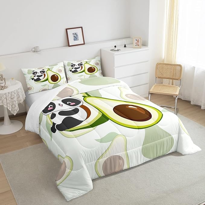 Kids Cute Panda Bedding Set Twin Kawaii Avocado Comforter Set for Boys Girls Bedroom Dorm Decor,Fruit Cartoon Exotic Animal Bedding Comforter Sets Giant Panda Bed Quilt Sets 2 Pcs Green Black White - LeafyLoom